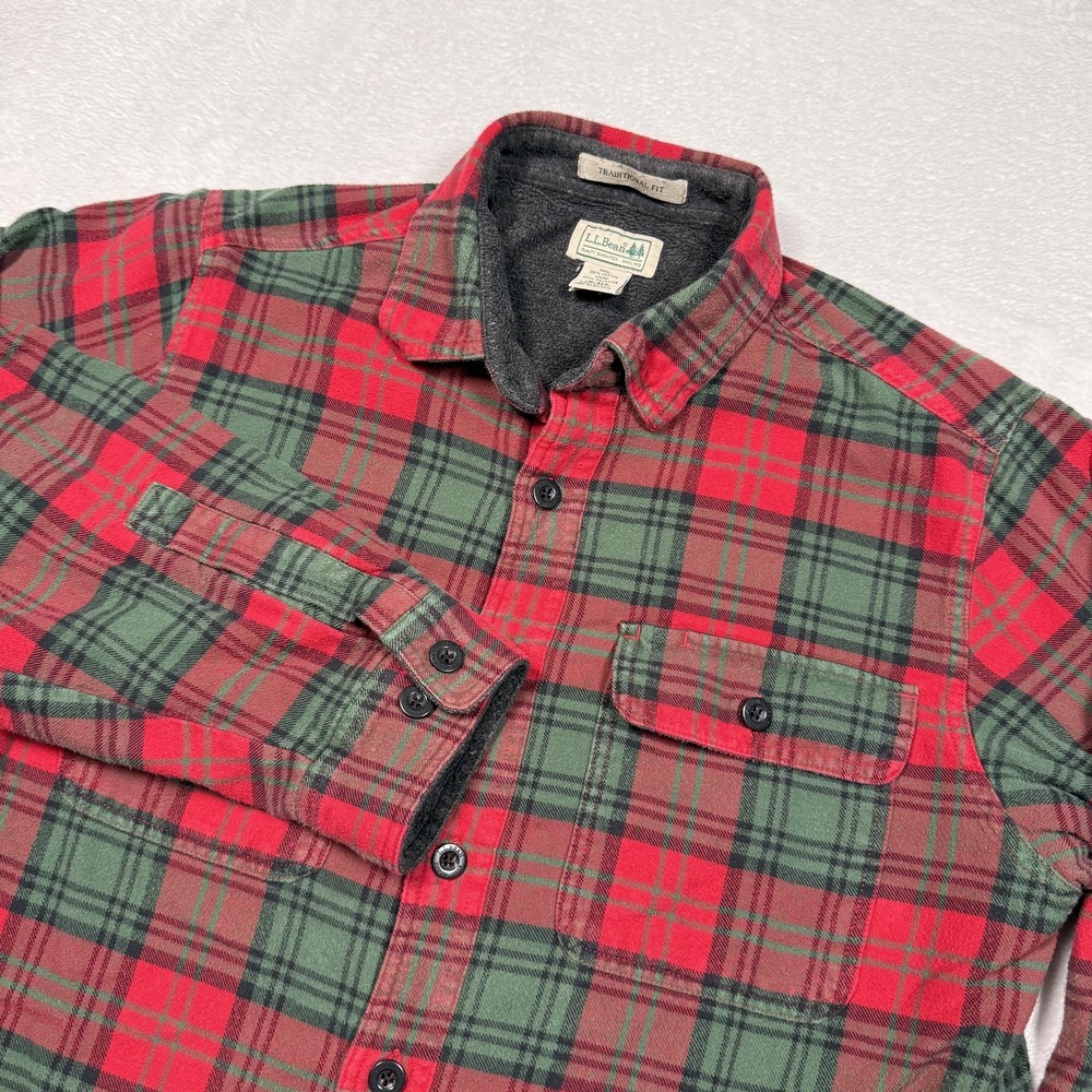LL Bean Shirt Men Medium Red Green Plaid Flannel Lined Button Up Traditional Fit